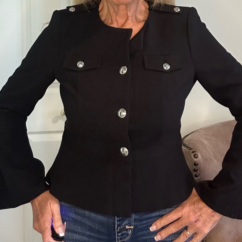 White House Black Market Black Blazer with Silver Buttons Trumpet Sleeves 6P NWT